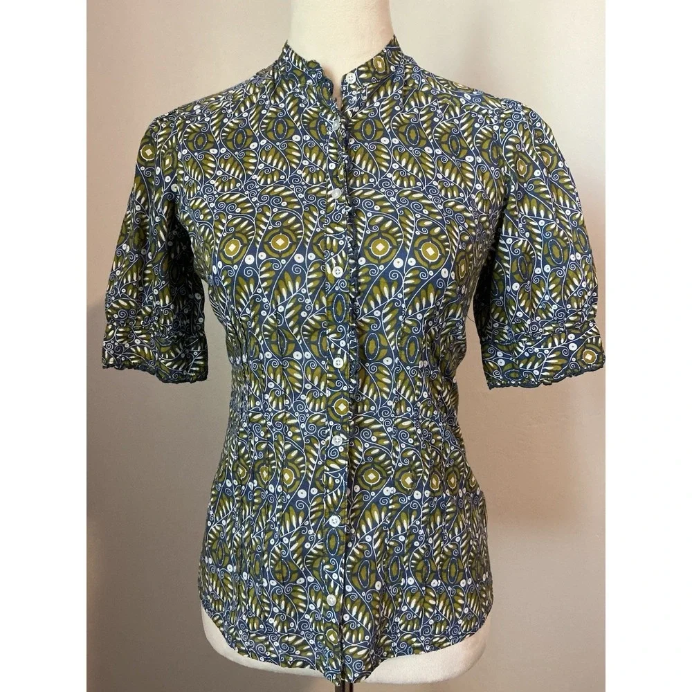 Banana Republic Blue Multi Floral Ruffled Neckline ‎ Pin-tucked Shirt XS